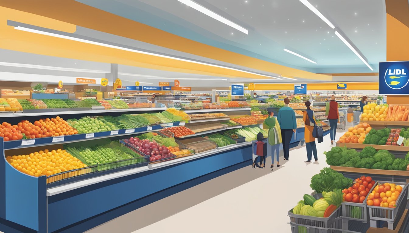 A bustling Lidl grocery store with colorful signage, fresh produce, and busy shoppers browsing the aisles