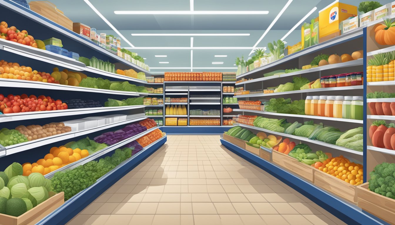 A bustling Lidl grocery store with a wide variety of fresh produce, canned goods, and household items neatly organized on shelves