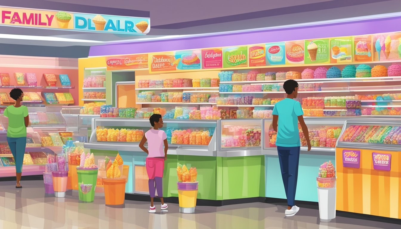 A family dollar store with colorful ice cream displays and promotional signs. Customers browsing and comparing different flavors and prices