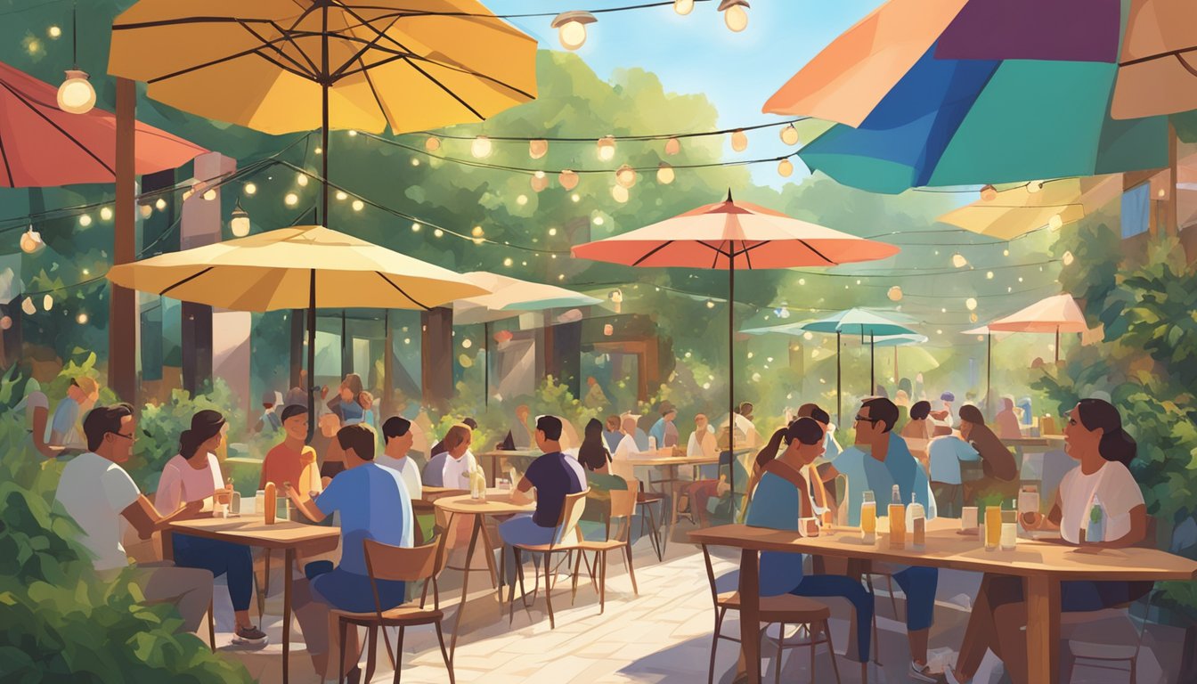 A sunny outdoor patio with colorful umbrellas, surrounded by lush greenery and twinkling string lights, where people gather to enjoy local craft beers