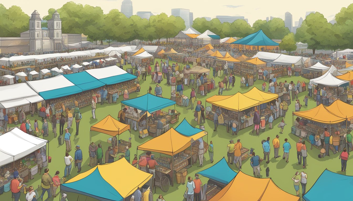 A bustling craft beer festival in Stamford, CT, with rows of colorful tents and a diverse crowd enjoying samples of local brews