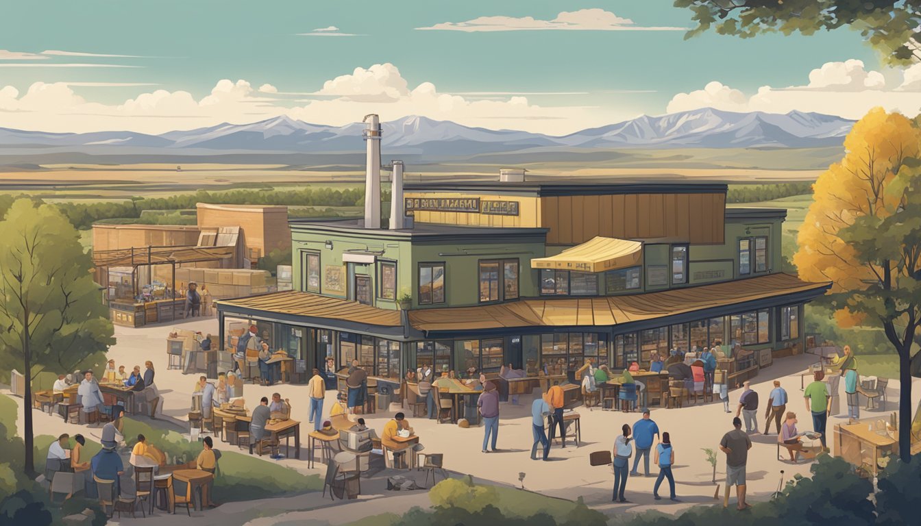 A bustling brewery scene with patrons enjoying craft beer, surrounded by the Thornton, CO landscape and local landmarks