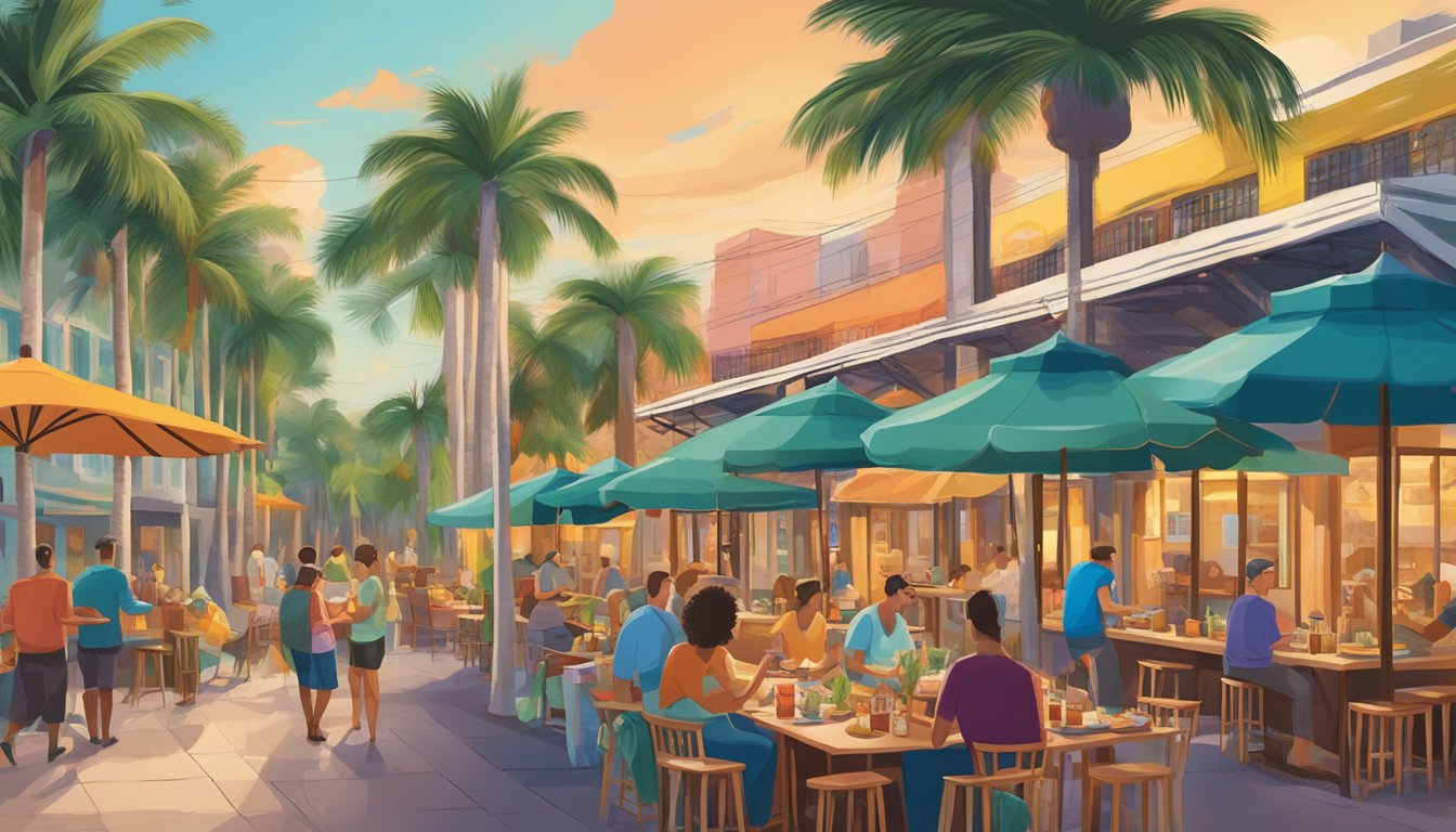 A vibrant outdoor scene with colorful plates of local cuisine paired with glasses of craft beer, set against a backdrop of palm trees and a bustling Fort Lauderdale street