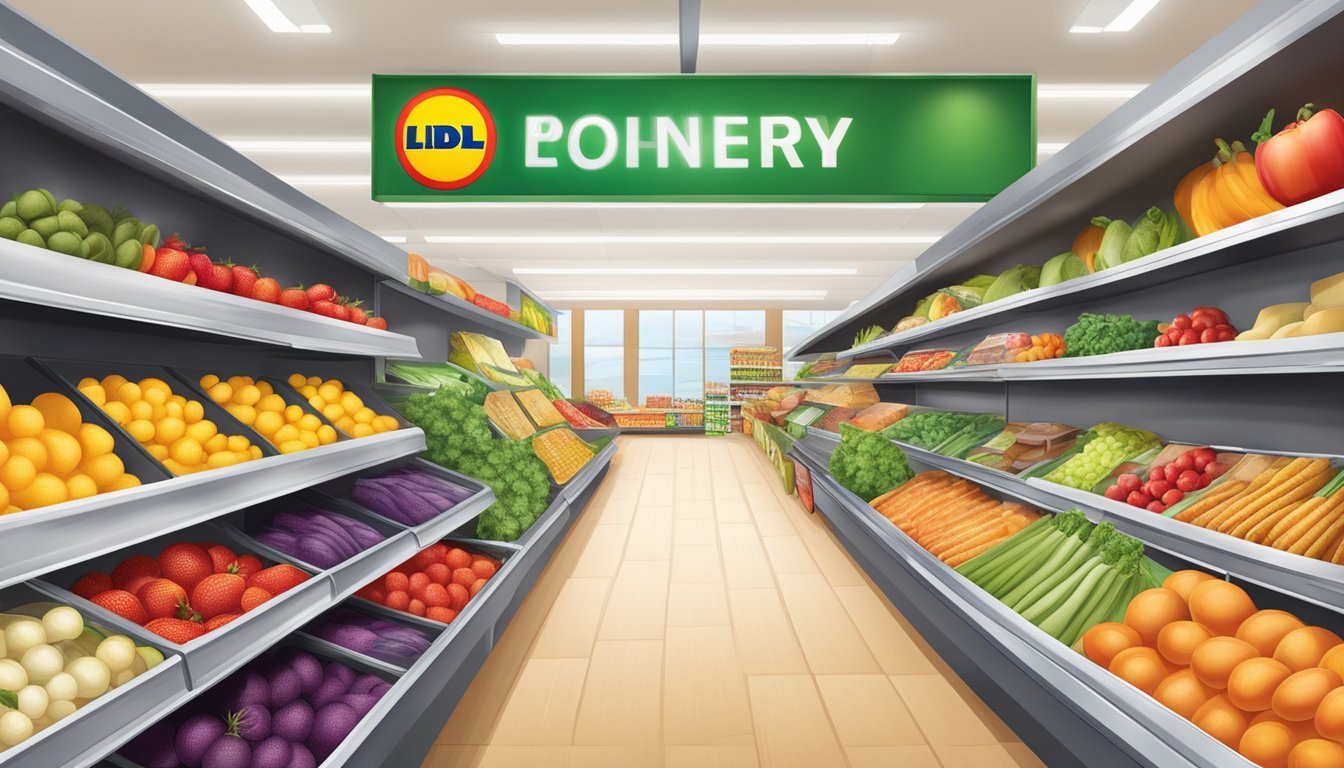 A colorful display of fresh produce and packaged goods with bright signs advertising weekly deals and special offers at Lidl grocery store