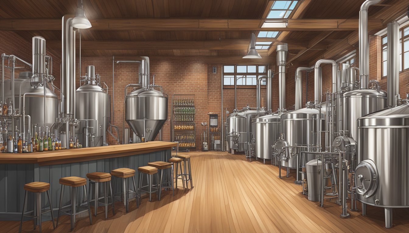 A bustling brewery in Stamford, CT, with a variety of craft beer taps, wooden barrels, and brewing equipment