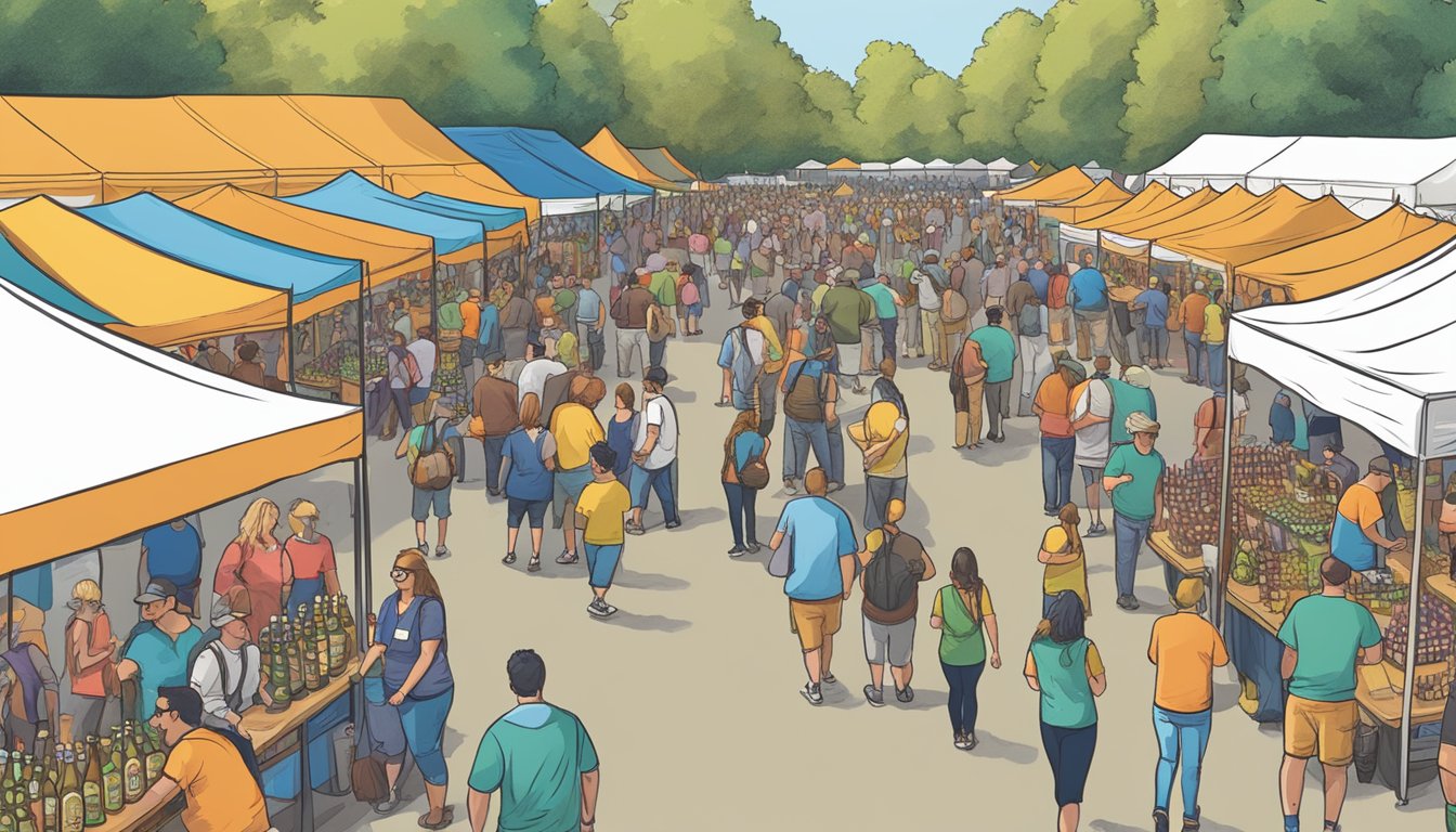 A bustling craft beer festival in Stamford, CT, with rows of colorful vendor booths and eager beer enthusiasts sampling and socializing