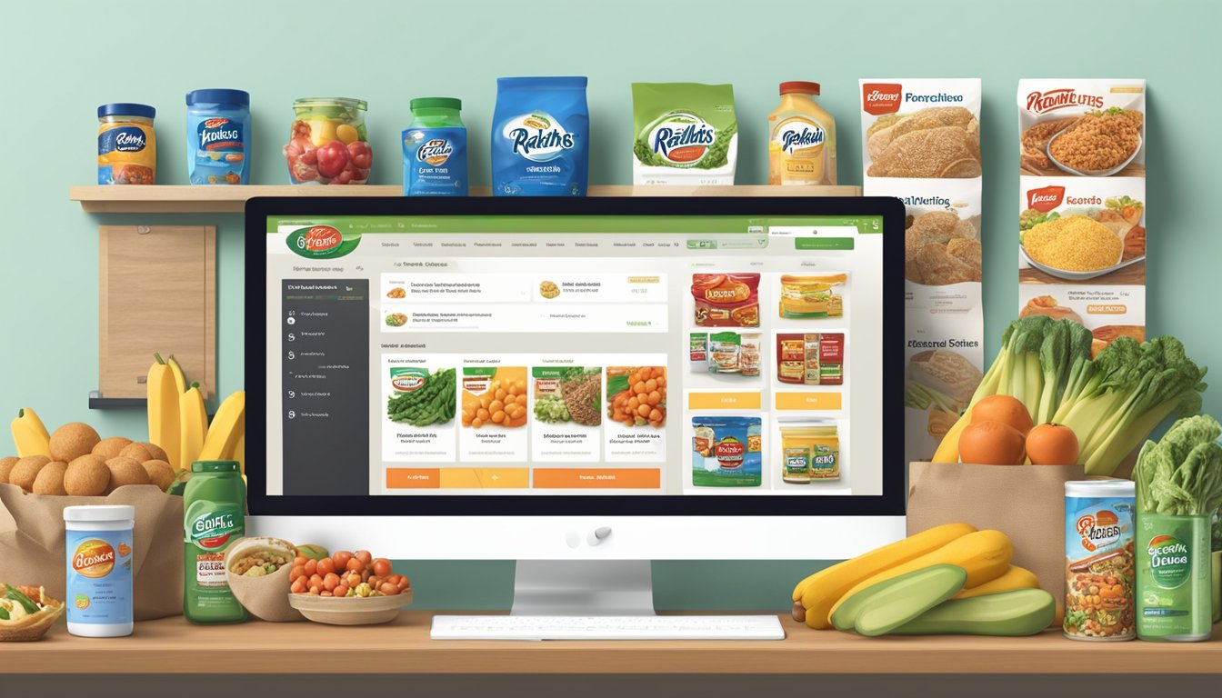 A computer screen displaying Ralphs Online groceries website with various food items and categories