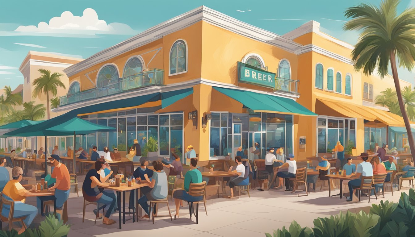 A bustling craft beer scene in Hollywood, FL with vibrant breweries and outdoor seating areas filled with locals enjoying a variety of unique and flavorful brews