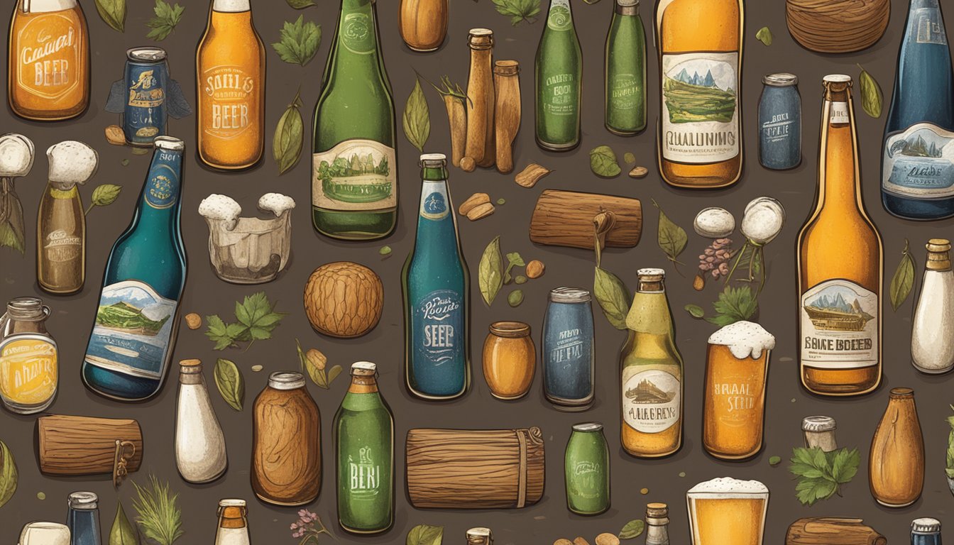 A rustic wooden table adorned with an array of local craft beer bottles, surrounded by fresh ingredients and culinary tools