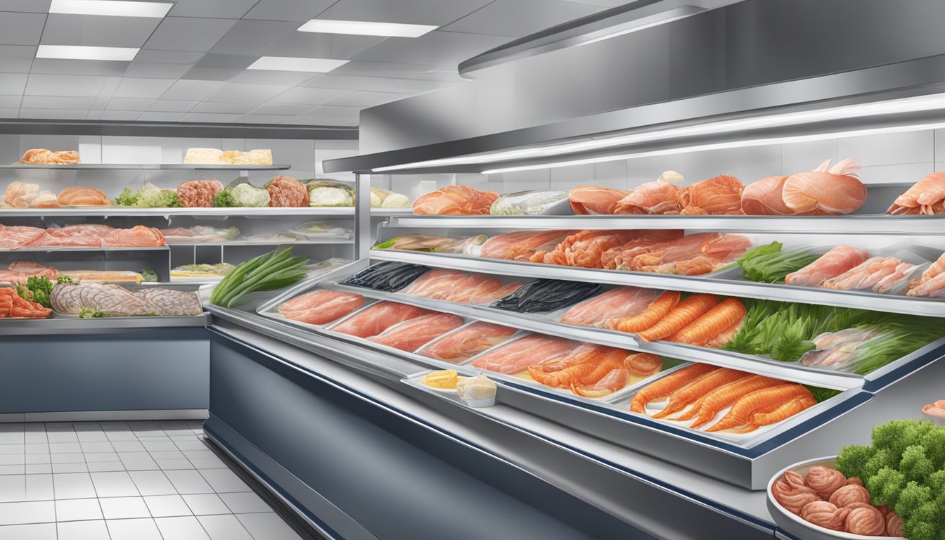 A display of fresh seafood and meat products at Lidl grocery store