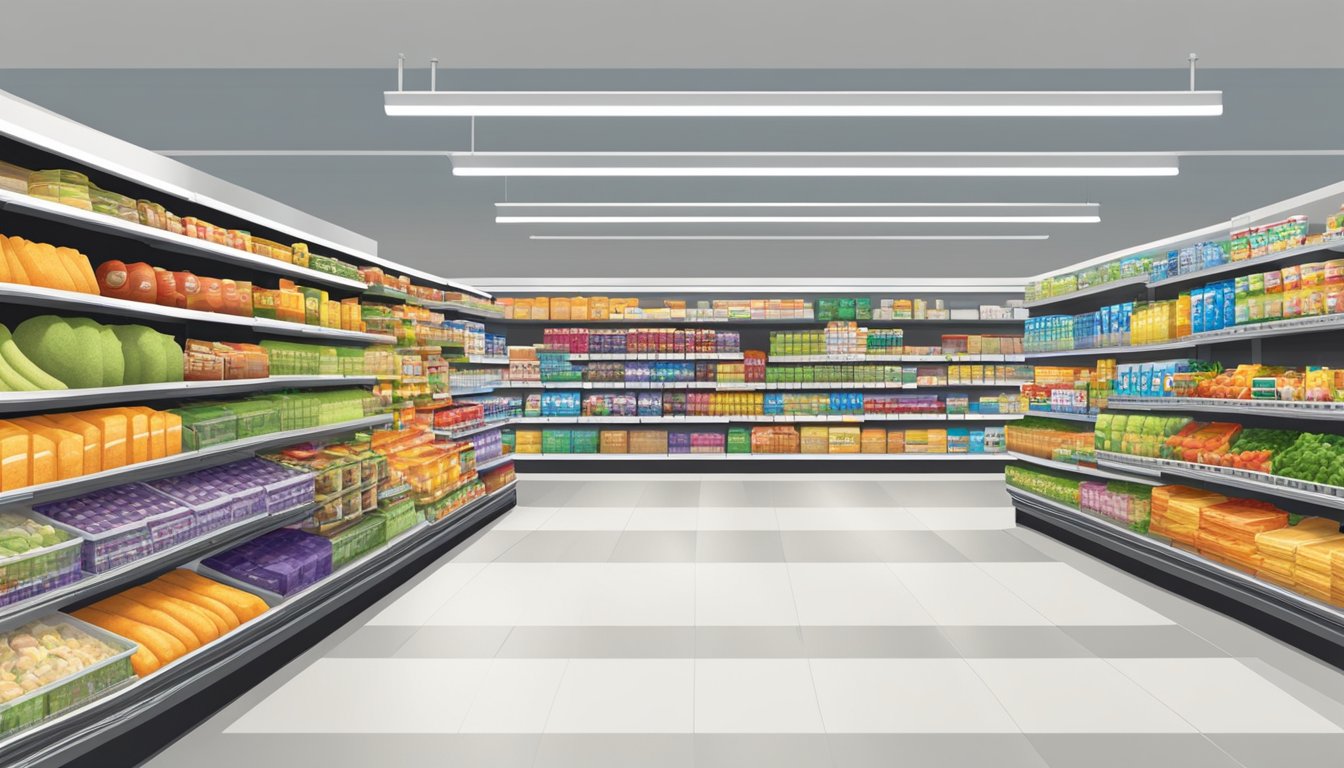 Aisle of product categories at Walmart with shelves and displays of groceries for selection