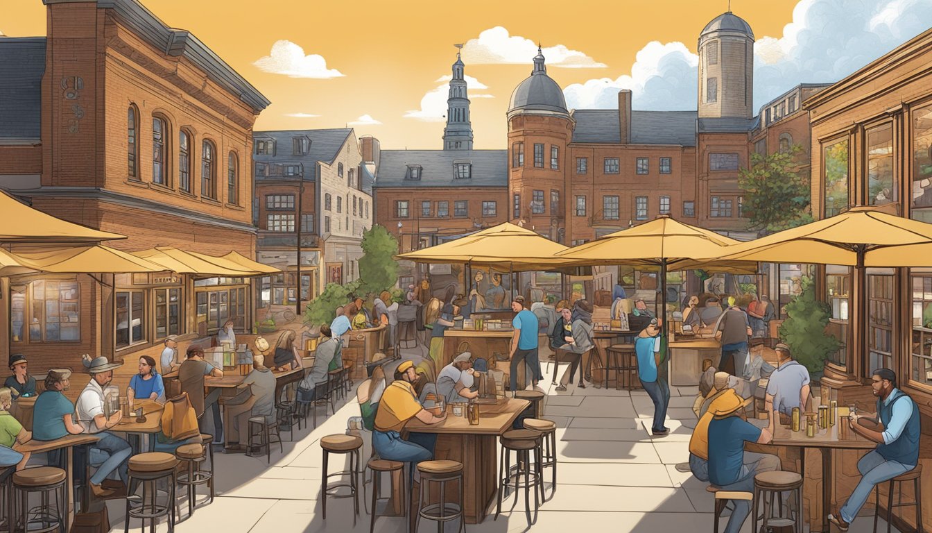 A bustling craft brewery scene in Hartford, CT with diverse beer styles, historic buildings, and lively outdoor seating areas