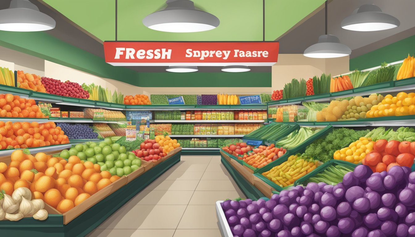 A colorful display of fresh produce and packaged goods with vibrant discount signs at Ralphs grocery store