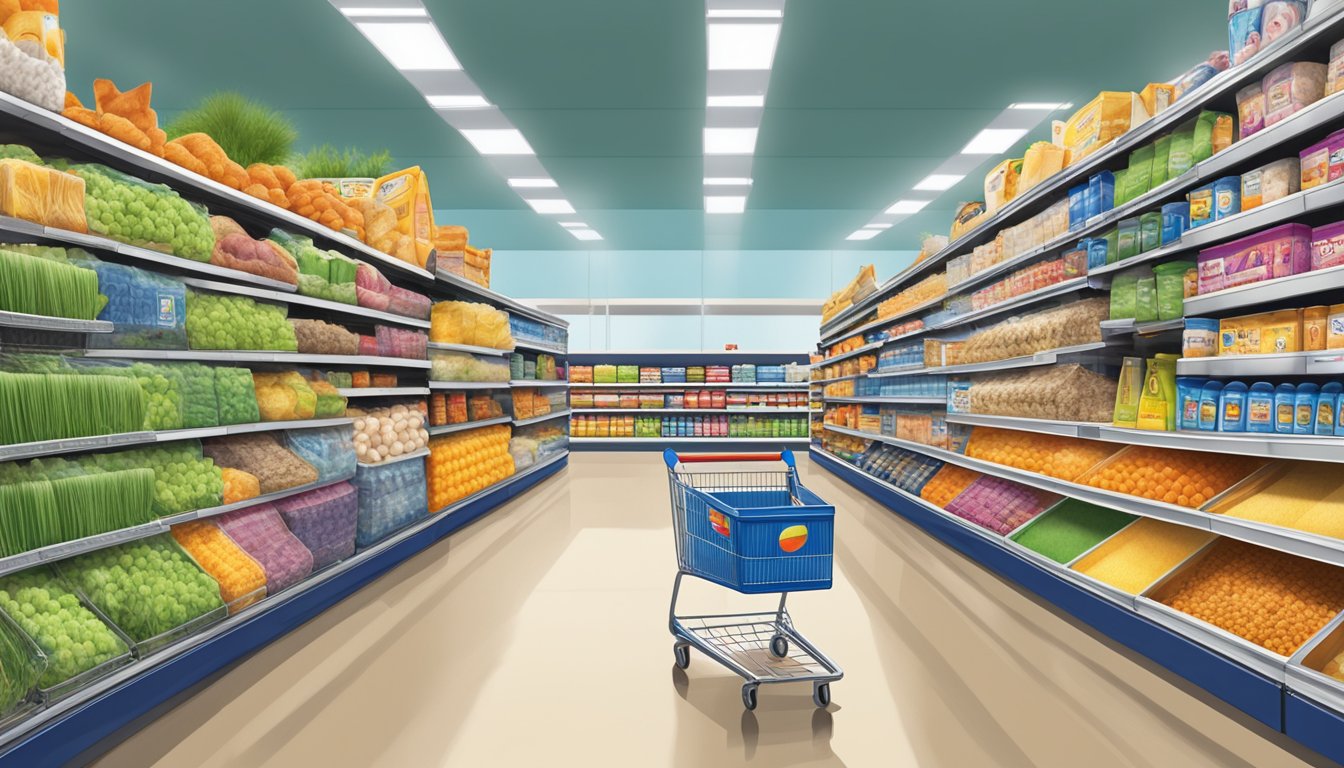 A shopping cart filled with pet supplies in the pet aisle at Lidl grocery store