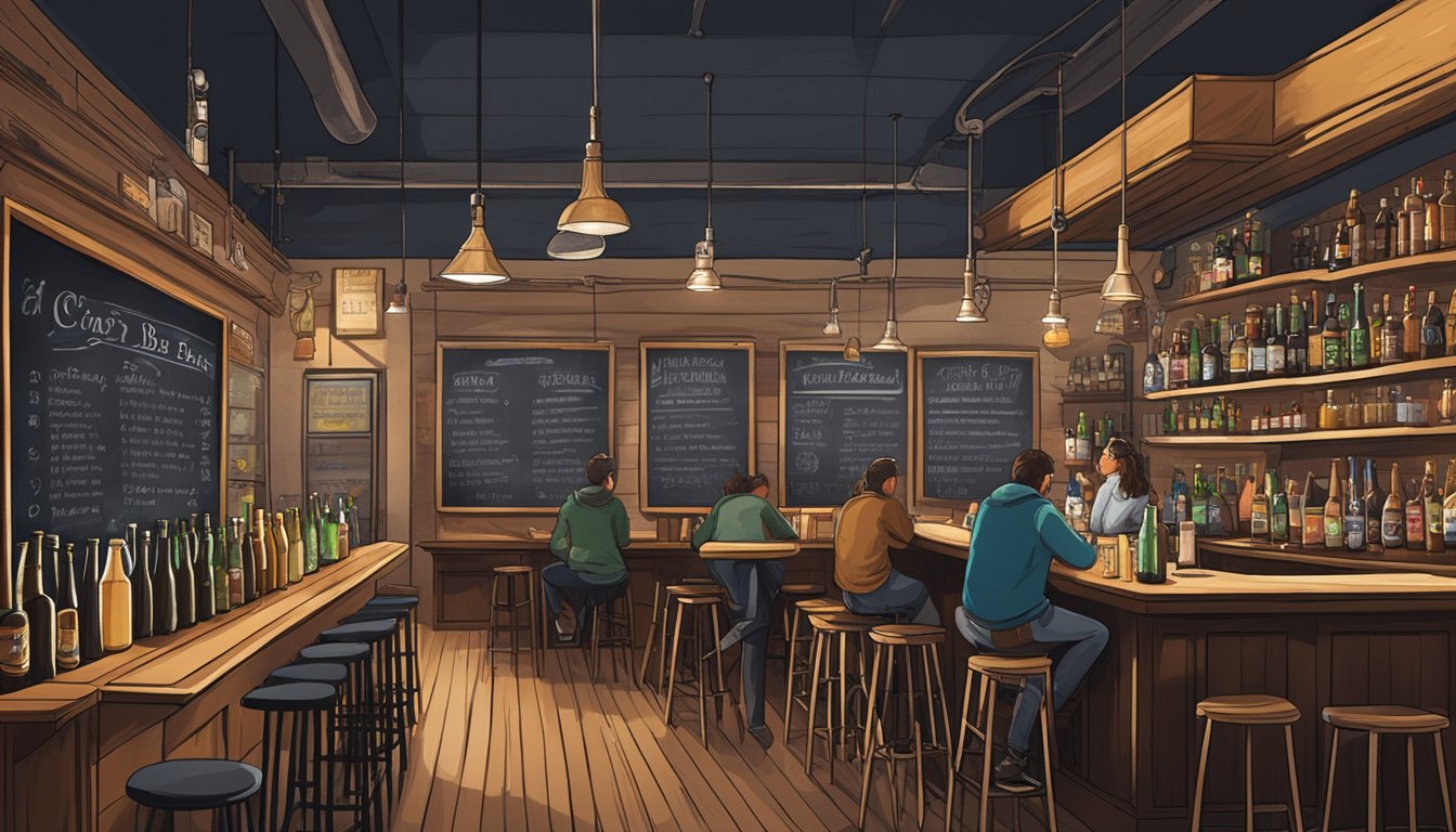 A cozy bar with shelves of craft beer bottles, a row of taps, and a chalkboard menu. Patrons sit at high tables, chatting and sipping beer