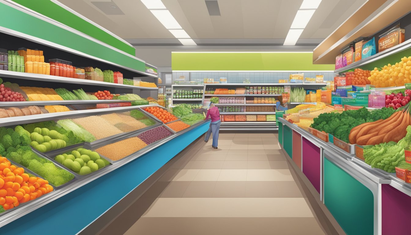 A diverse array of fresh produce, lean meats, and whole grains fill the shelves of a brightly lit grocery store, with colorful packaging and vibrant signage promoting the importance of nutritional choices