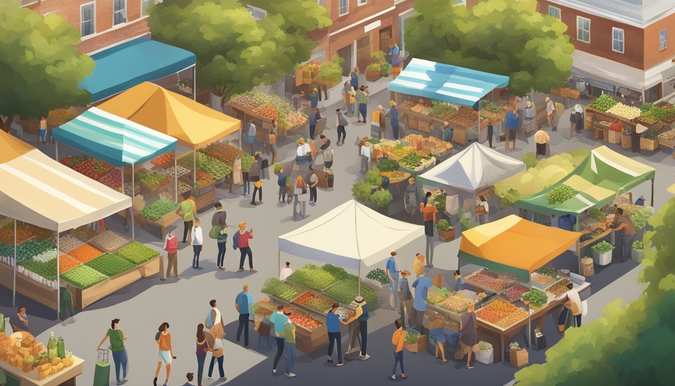 A bustling farmers market with a variety of local craft beer vendors, surrounded by greenery and community members enjoying the sustainable and locally-made beverages