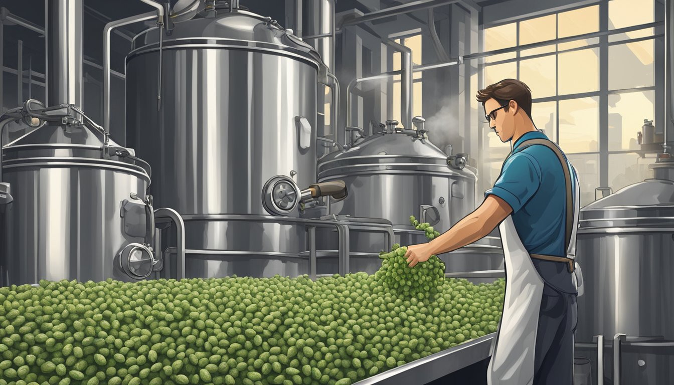 A brewery worker pours hops into a large stainless steel kettle as steam rises from the boiling liquid. Nearby, shelves are lined with rows of glass bottles and kegs