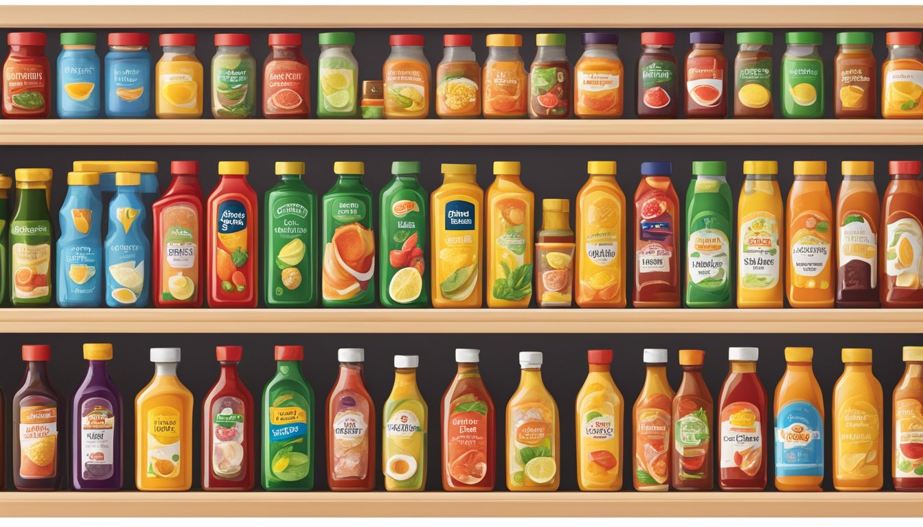 A colorful display of specialty sauces and condiments arranged neatly on shelves at Lidl grocery store