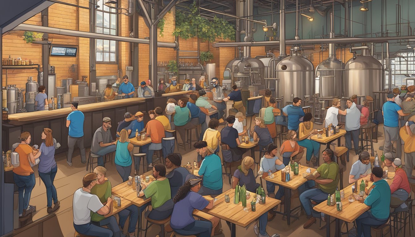 A bustling Hartford brewery scene with diverse patrons enjoying local craft beers in a vibrant, industrial-chic setting