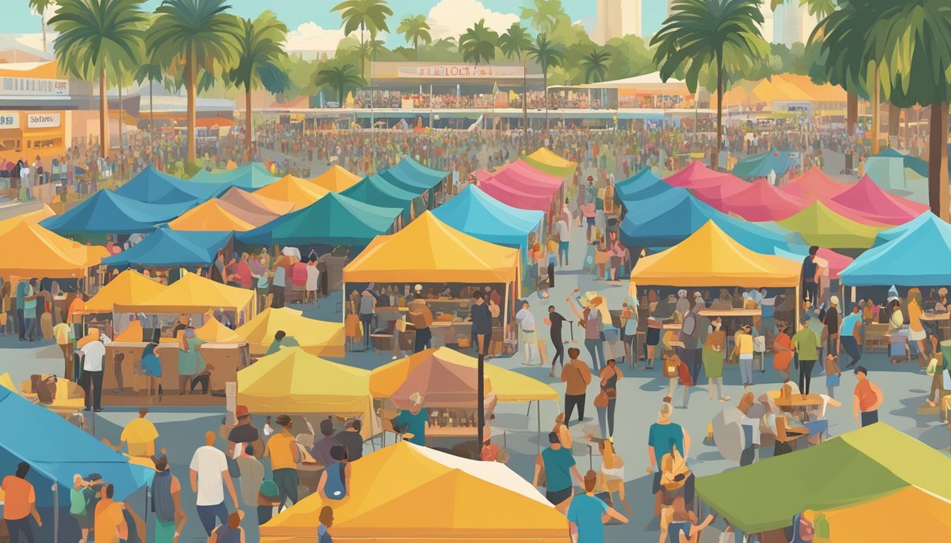 A bustling beer festival with rows of colorful tents, people sampling brews, live music, and food trucks under a sunny sky in Hollywood, FL