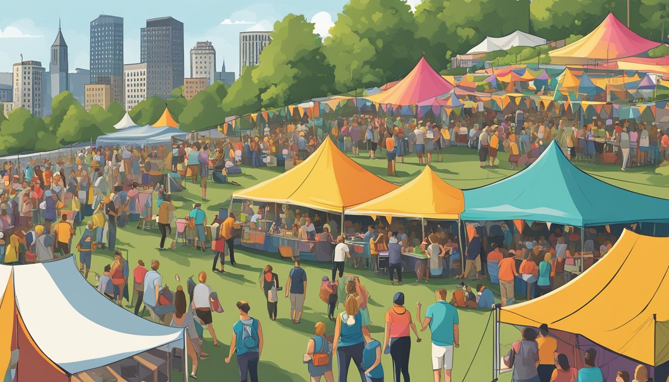 A bustling craft beer festival with rows of colorful tents, people sampling and chatting, and a scenic backdrop of Stamford, CT's skyline