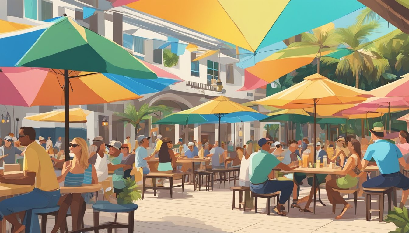 A sunny outdoor beer garden with colorful umbrellas, a variety of local craft beer taps, and a lively crowd enjoying the Fort Lauderdale Hollywood, FL beer scene