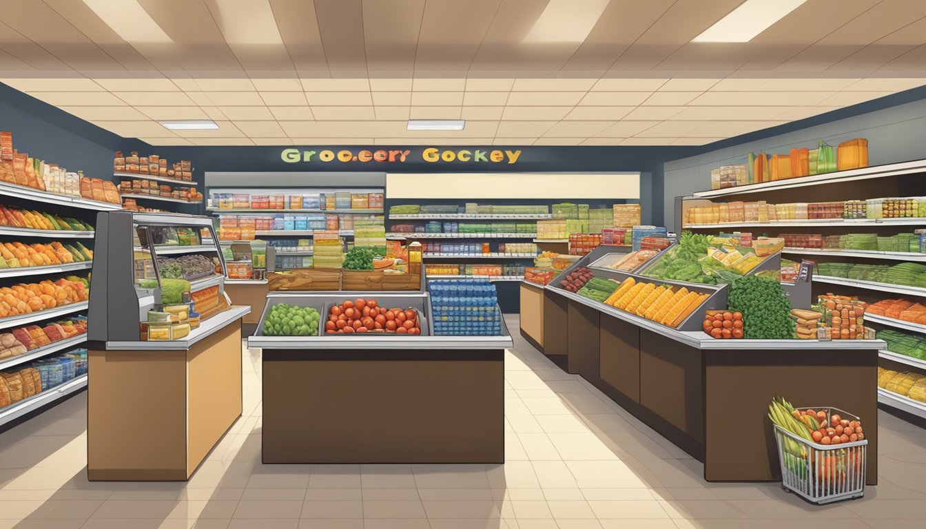 A grocery store scene with a customer service counter and various grocery products on display at Ralphs