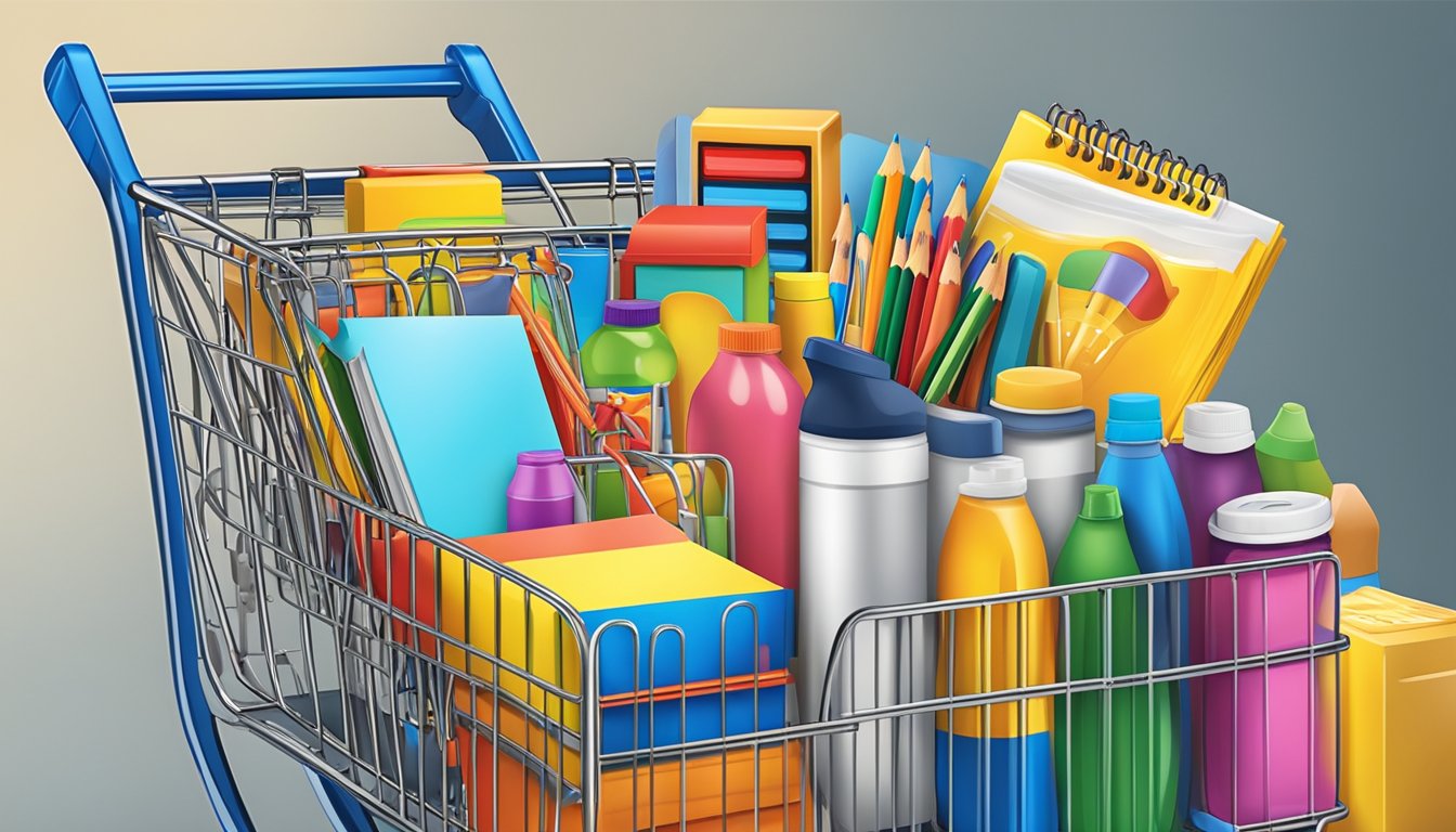 A shopping cart filled with school supplies, notebooks, pencils, backpacks, and lunch boxes at a Walmart grocery store