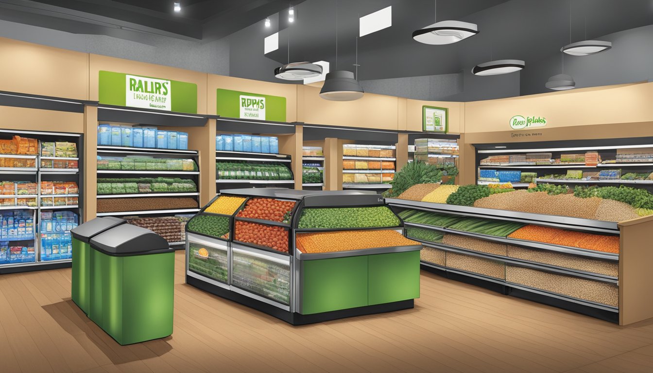 Ralphs groceries: bins of bulk grains, reusable produce bags, and a recycling station near the entrance. LED lighting and energy-efficient refrigeration throughout the store