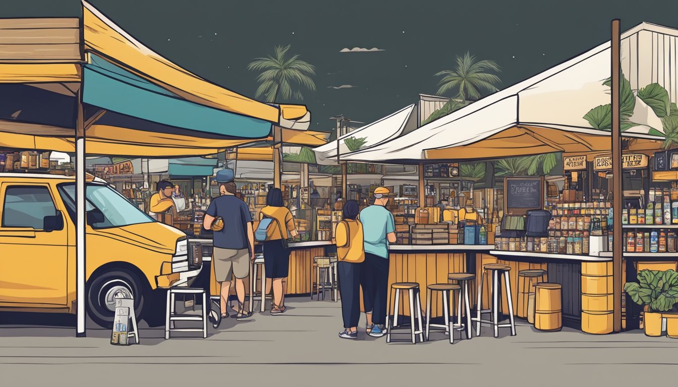 A bustling market stall displays a variety of local craft beer merchandise and souvenirs in Hollywood, FL