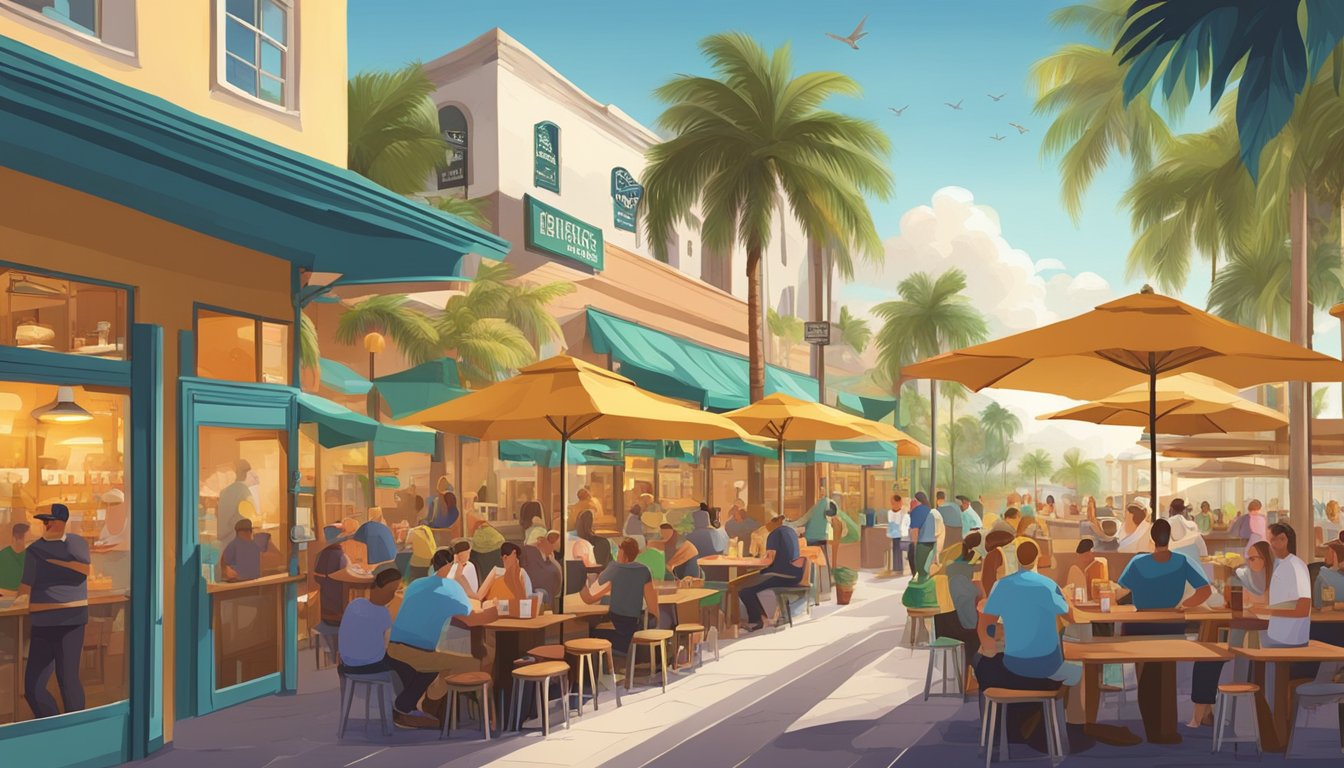 A bustling local craft beer scene in Hollywood, FL, with colorful brewery signs and patrons enjoying drinks at outdoor tables