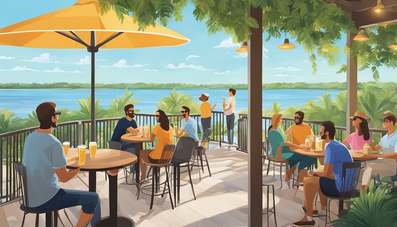 A sunny outdoor patio with colorful umbrellas, surrounded by lush greenery and a view of the waterfront. A group of friends enjoy craft beers at a local brewery in Cape Coral, FL