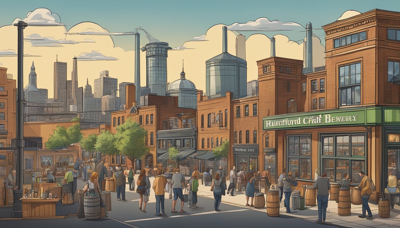 A bustling brewery scene with patrons enjoying craft beer, surrounded by the Hartford city skyline and local landmarks