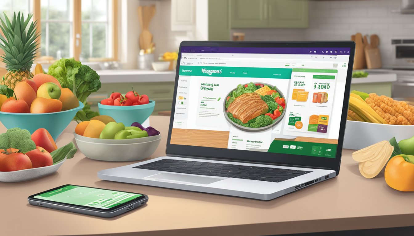 A laptop open on a kitchen counter, displaying the Wegmans website, with various groceries and a phone with the Instacart app next to it