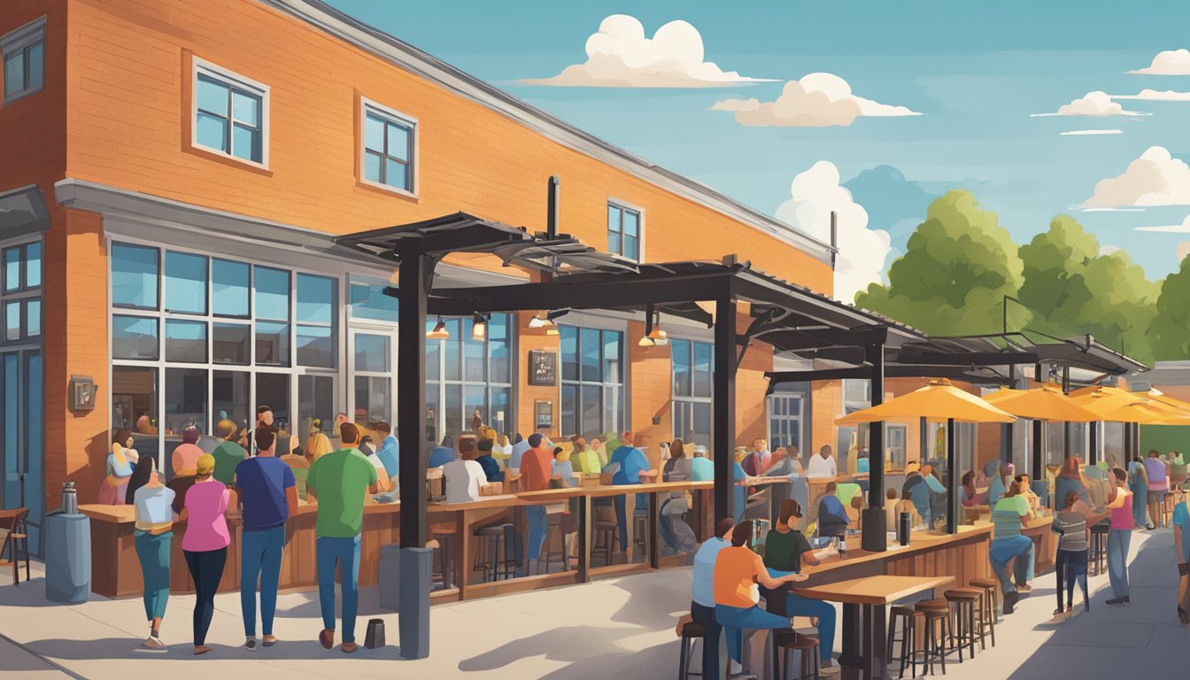 A bustling brewery with colorful tap handles, stainless steel tanks, and a lively outdoor patio filled with patrons enjoying local craft beers