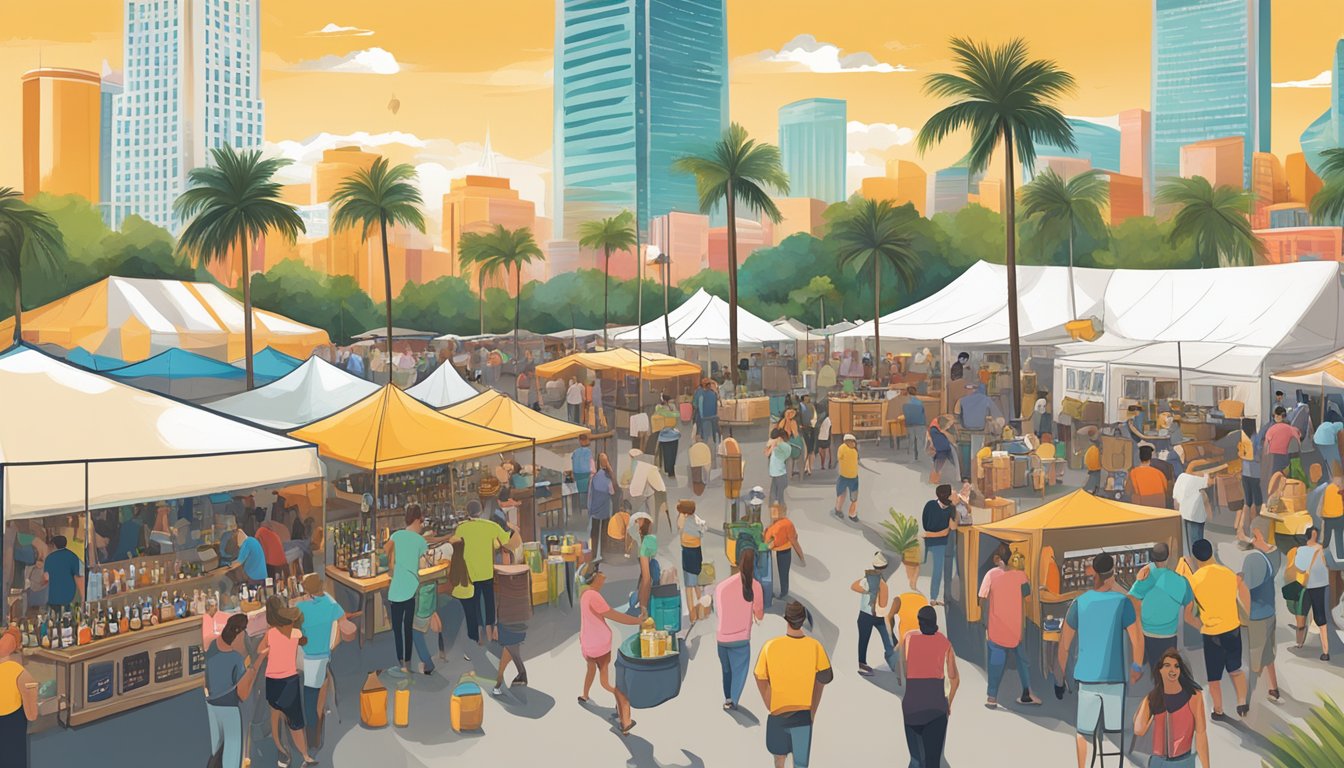 A bustling craft beer festival with colorful tents, live music, and happy patrons sampling a variety of local brews in Miami, FL