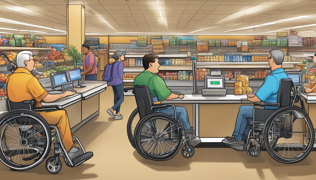 Customers using wheelchairs at Wegmans checkout, with various payment options displayed