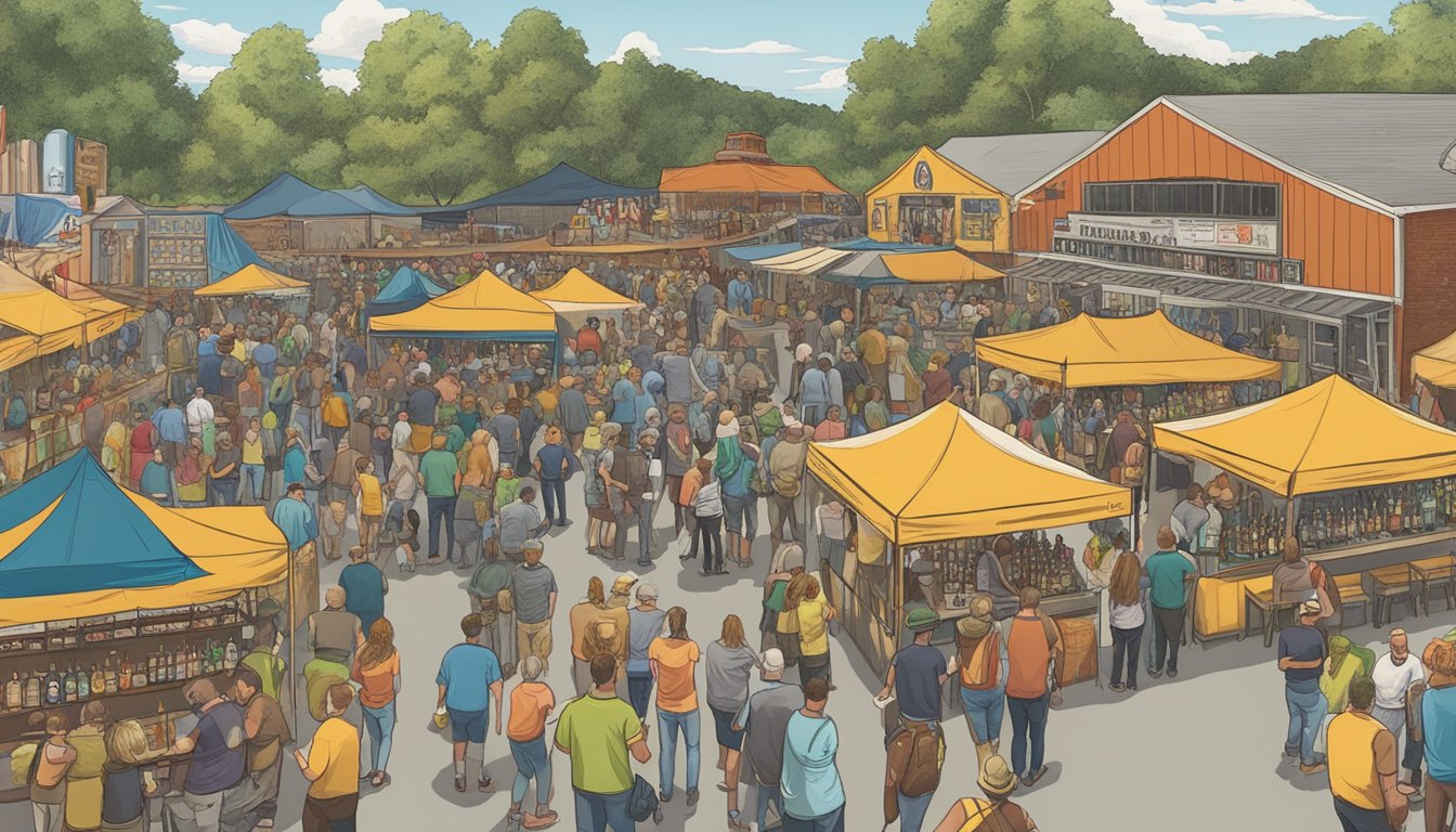 A bustling craft beer festival in Waterbury, CT, with a variety of local breweries showcasing their unique and vibrant beer selections