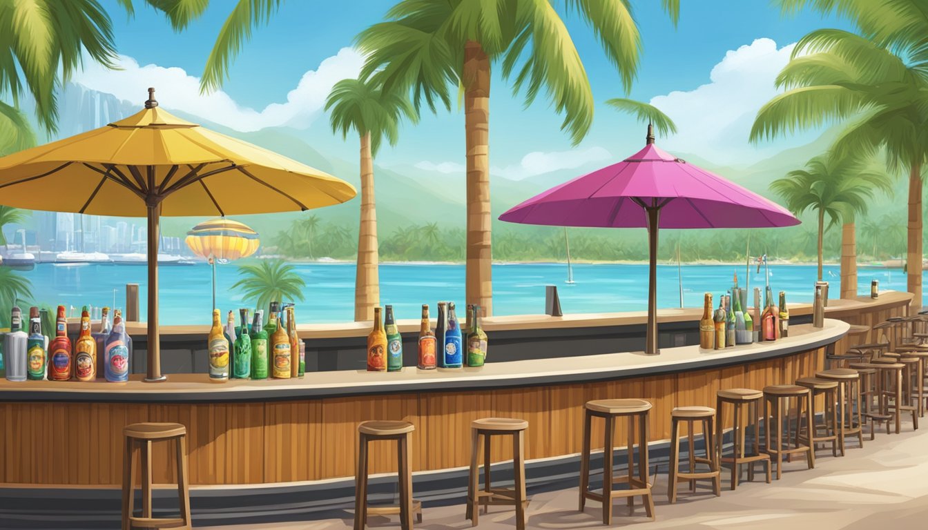 A waterfront bar with a variety of craft beer taps, surrounded by lush palm trees and colorful umbrellas