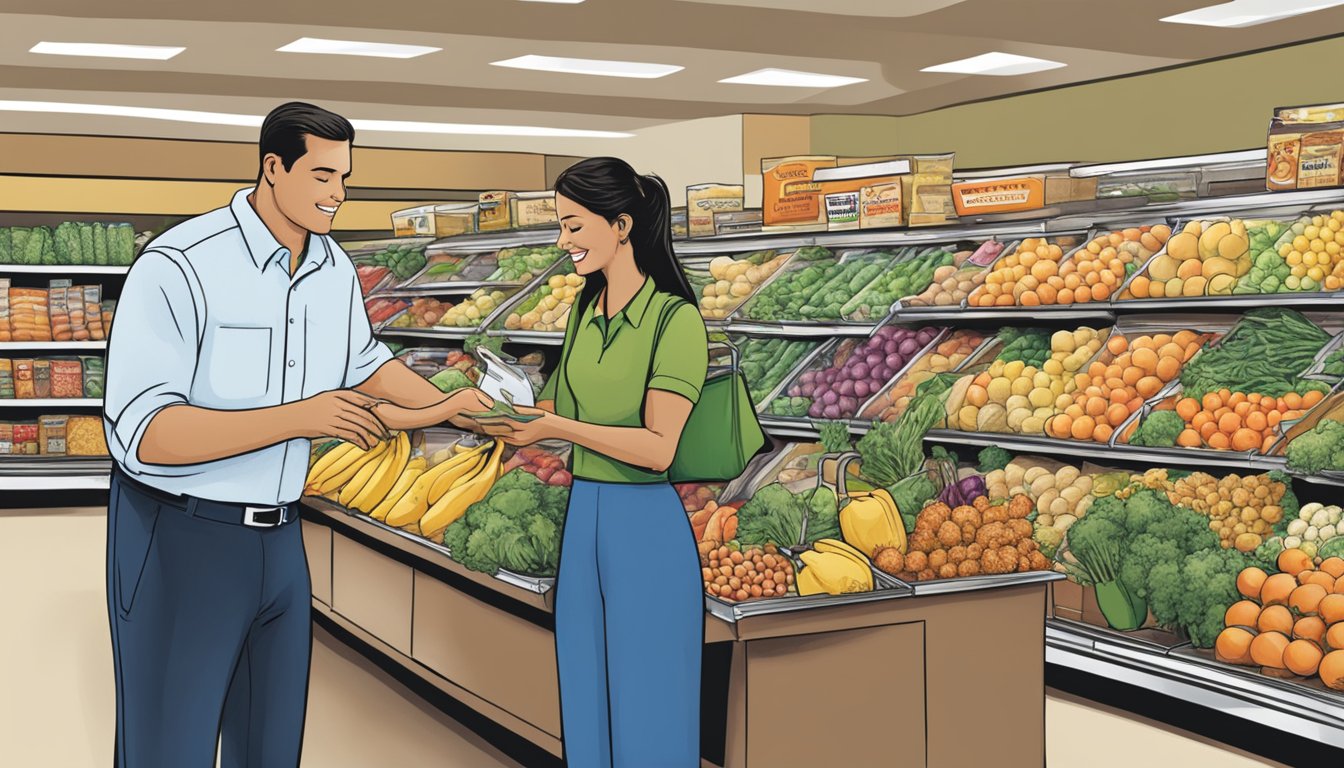 A customer service representative assists a shopper with groceries at Wegmans