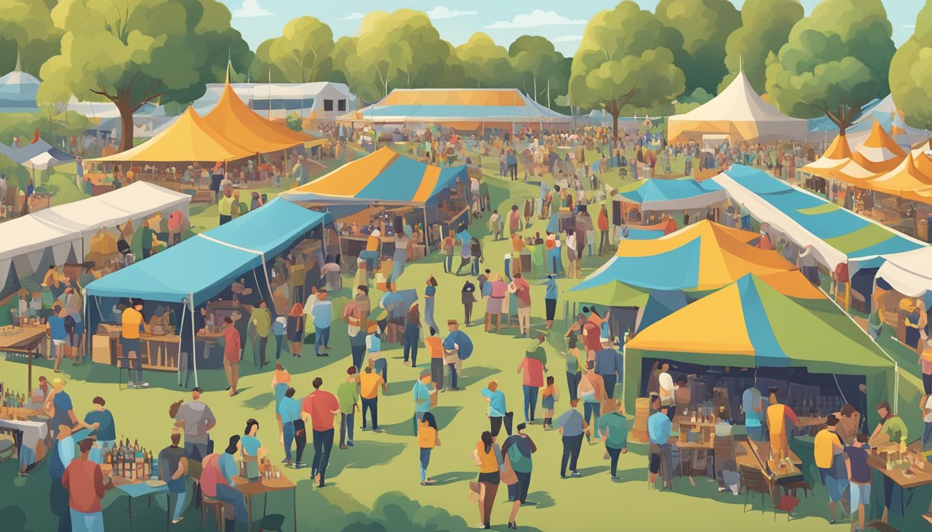 A bustling craft beer festival with rows of colorful tents and people sampling various brews in a lively outdoor setting