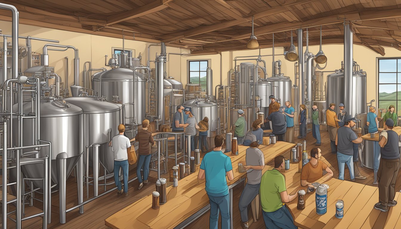 A bustling craft brewery scene in Waterbury, CT, with diverse beer styles and lively taprooms