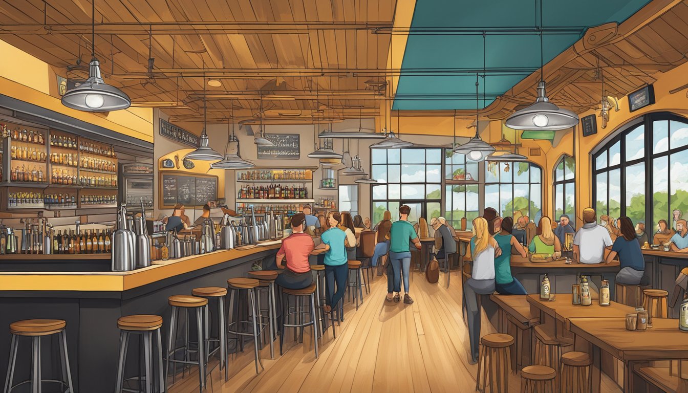 A bustling craft beer scene in Davie, FL, with diverse breweries and lively taprooms. Patrons enjoy a variety of unique and flavorful brews in a vibrant atmosphere