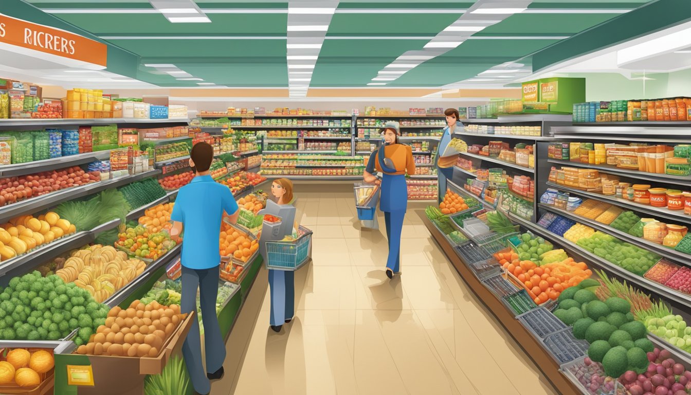 A bustling grocery section in Lucky Supermarkets, with colorful displays of specialty items and various departments