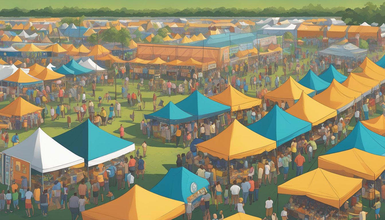 A bustling craft beer festival in Davie, FL, with rows of colorful tents showcasing a wide variety of local brews