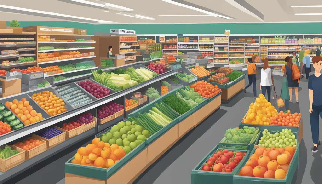 A bustling grocery store with colorful produce, neatly stocked shelves, and busy checkout lanes