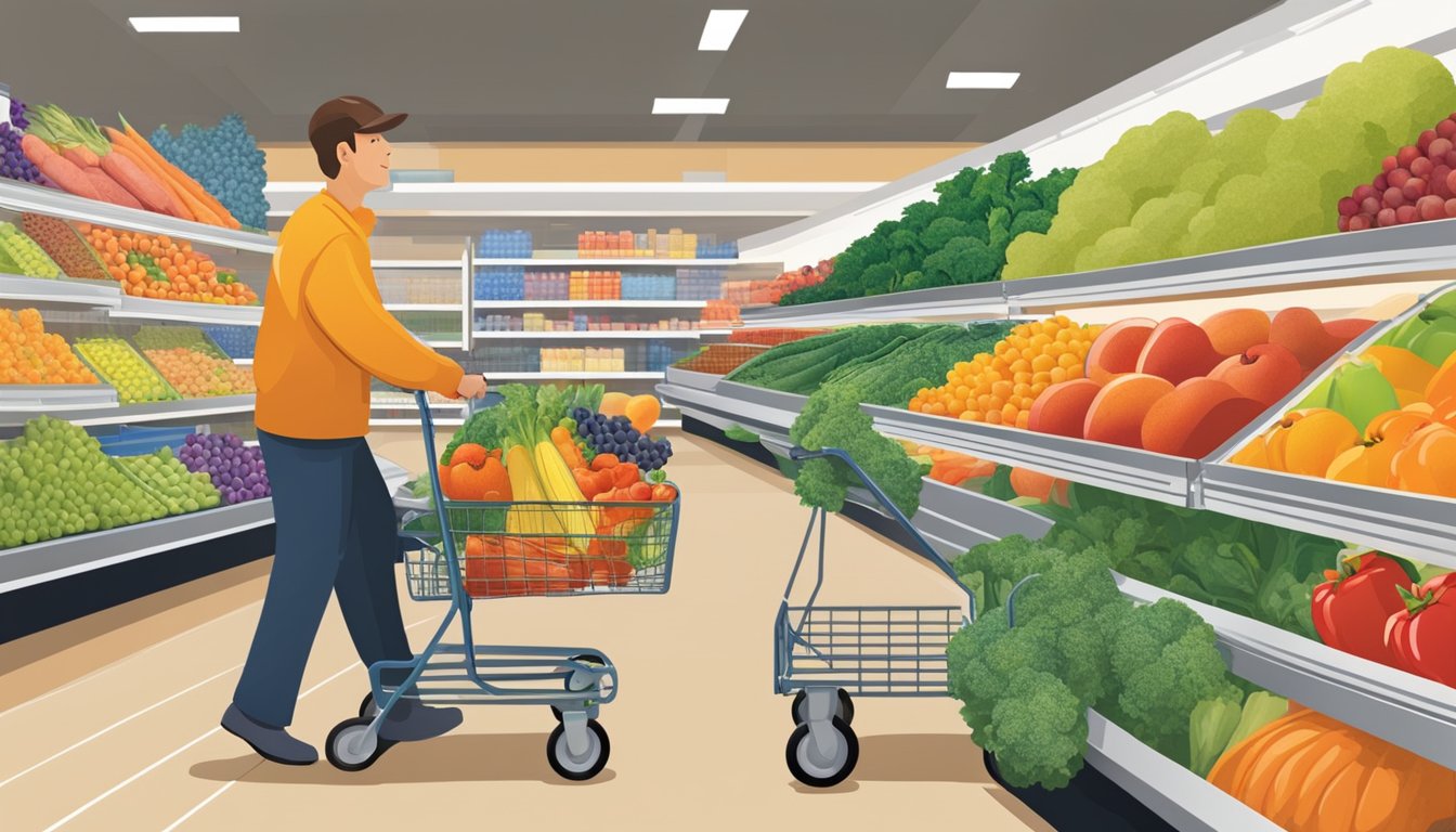 A customer pushing a cart through the produce section at HEB, with colorful fruits and vegetables neatly displayed on shelves and in bins