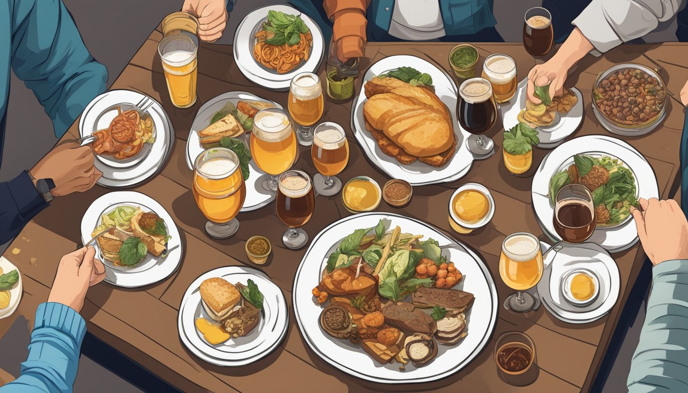 A table set with various craft beer glasses and plates of food, surrounded by people sampling and discussing flavors