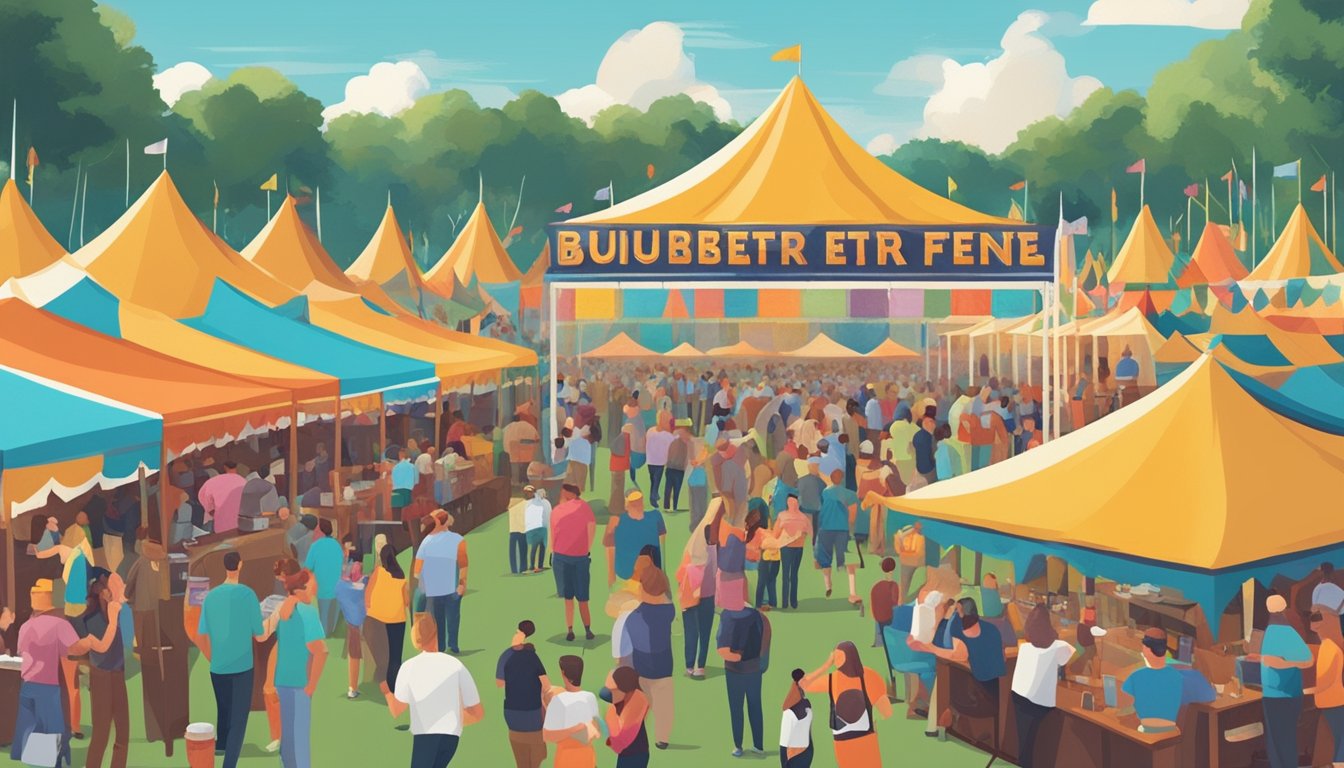 A bustling craft beer festival in Orlando, with rows of colorful beer tents and people enjoying tastings and live music